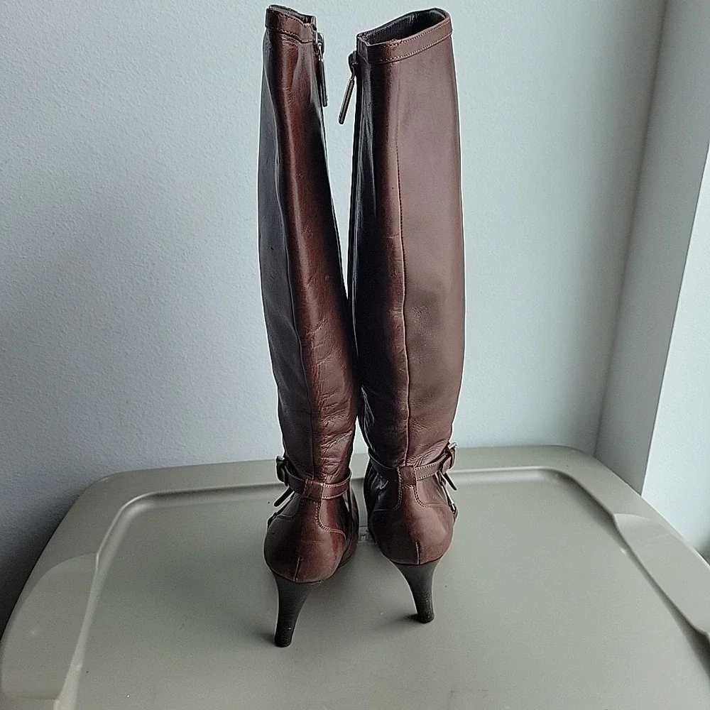 Ralph Lauren Purple Label Knee High Leather Boots Womens Size 6.5 Brown Heel Zip